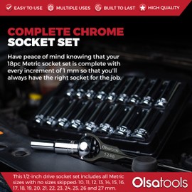 Olsa Tools Metric Deep Socket Set - 1/2-Inch Drive, 18pc - 6-Point Chrome Sockets from 10mm–27mm and No Skipped Sizes - Mechanic Deep Metric Socket Set - Professional Grade Long Sockets - Part: 1325