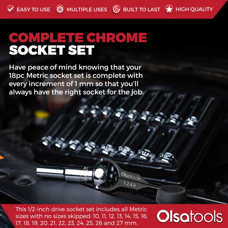 Olsa Tools Metric Deep Socket Set - 1/2-Inch Drive, 18pc