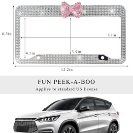 DXNQ 2 PCS Bling License Plate Frame, Handcrafted Rhinestone License Plate Frame with Ribbon Bow, Bling Stainless Steel License Plate Frame with Mounting Kit, Car Accessories (White+Pink)
