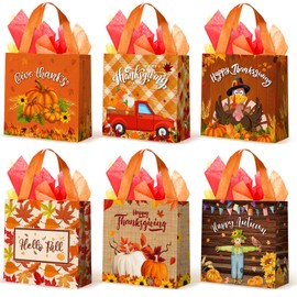 Sweetude 36 Pack Thanksgiving Gift Bags with Handles Reusable Thanksgiving Tote Bags with Tissue Paper Non-woven Fall Autumn Pumpkin Turkey Maple Leaf Turkey Gnome for Party Favor Supplies
