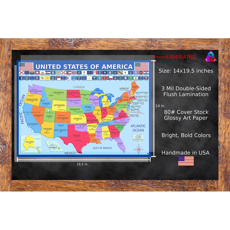 アメリカ合衆国地図と州旗ポスター ラミネート加工 14 x 19.5インチ 教育ポスター 子供用アメリカ地図 小学生教室の装飾品 教師用品