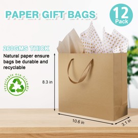 12 Pack Gift Bags Medium with Tissue bags, Kraft Paper Bag with Ribbon Handles, Brown Paper Gift Wrap Bags for Shopping, Small Business, Wedding, Christmas and Holiday (10.6” x3.1” x8.3”)