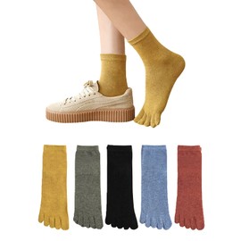 Yazon Women's Five Toe Socks, Spring, Autumn and Winter, Stylish, Cotton, Crew Socks, Breathable, Casual, Cold Protection, Women's Five Toe Socks, For Autumn and Winter, 5 Toe Socks, Women's 8.7 - 9.8 inches (22 - 25 cm), 5 Pair Set, 5 colors