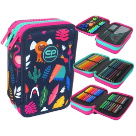 CoolPack XXL Pencil Case 3-Compartment School Pencil Case, Triple Pencil Case for One Girl, Lady Colour, Pencil Case 44-Piece Filled Student Case 3-Tier, Blue, Pencil Case
