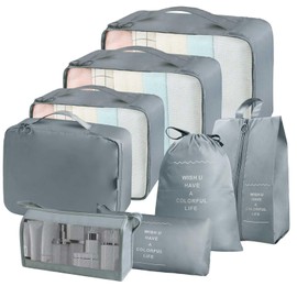 Teynewer 8 Pcs Packing Cubes for Suitcase, Travel Organiser Packing Bags, Travel Luggage Packing Organizers Waterproof Packing Cubes for Travel Accessories, Grey