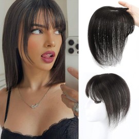 Hairpieces for Women, Real Hair with Fringe, 360° 3D Coverage, Artificial Bangs, Straight Real Hair Topper with Thin Hair Clip-In Fringe, Realistic Scalp with Hairpieces (1B# 8 Inches / 20 cm)