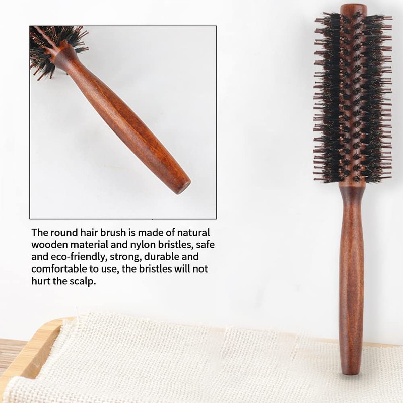 Roller Round Brush, 14 Rows Natural Wooden Boar Bristle Round
