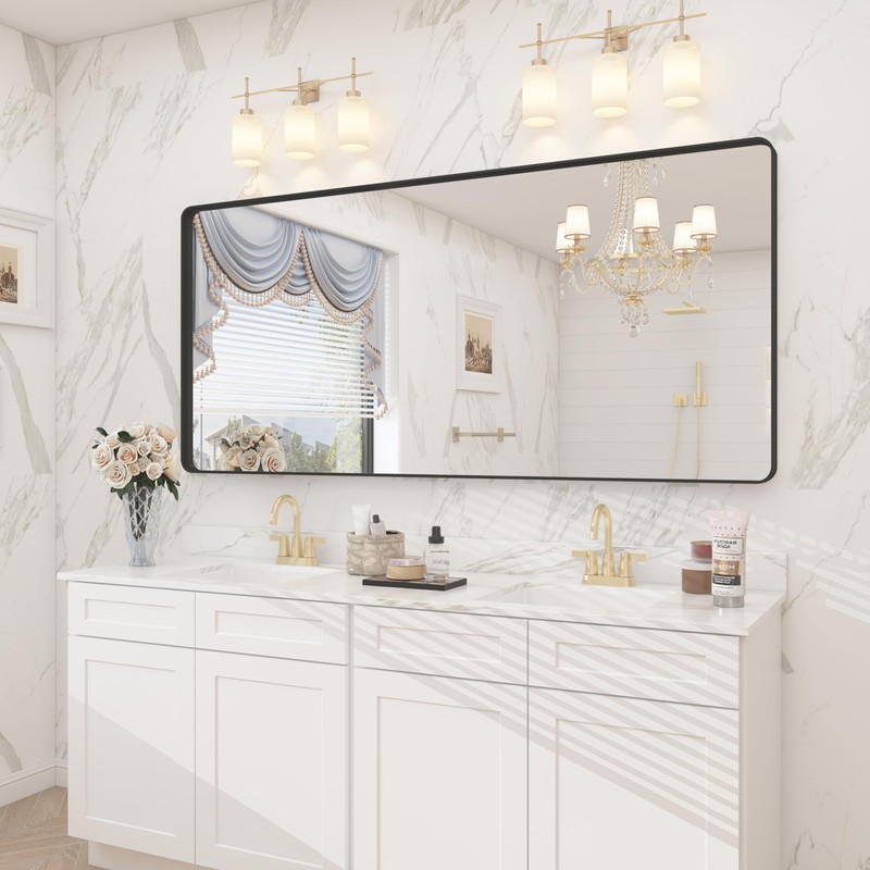 CHARMOR 60x28 Black Framed Bathroom Mirror, Large Matte Black Bathroom