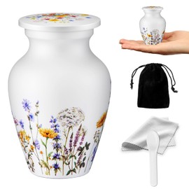 Vicenpal Mini Urns for Human Ashes Set with 2 x 3 Inch Urns, Velvet Bag and Spoon, Metal Keepsake, Wildflower Pattern Memorial Urn Adult Female for Cremation, Funeral, Burial & Home Display