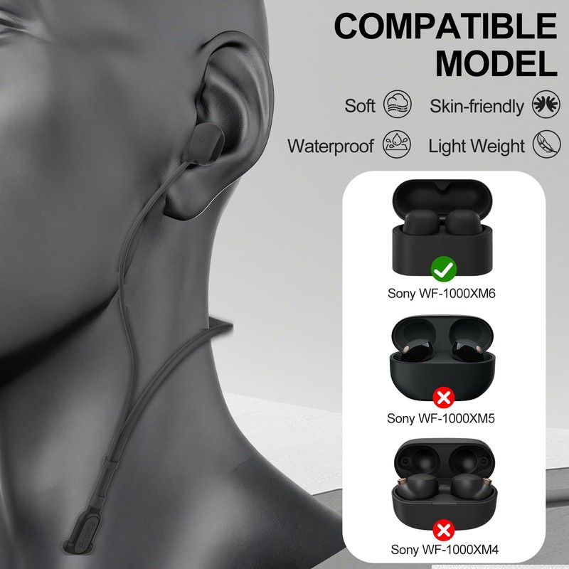 Compatible for Sony WF-1000XM6 Strap, Skin-Friendly Silicone Sports Neckband Strap,