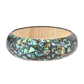 AeraVida Mosaic Peacock Abalone Shell Inlay on Wood Bangle Bracelet | Handmade Fashion Jewelry with Natural Shell and Smooth Wooden Finish | Lightweight Slip-On Design