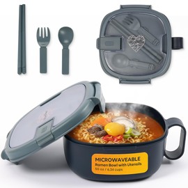 AI LOVE PEACE Microwavable Ramen Bowl with Lid - Leakproof Noodle Container with Built-In Utensils, BPA-Free, Dishwasher & Freezer Safe [Navy]