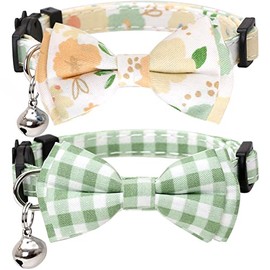 2 Pack/Set Cat Collar Breakaway with Cute Bow Tie and Bell Plaid Flower for Kitty Adjustable Safety