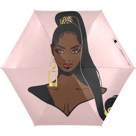 MRMIAN Afro African American Black Folding Umbrella for Rain Sun Travel Mini Lightweight Compact Umbrellas