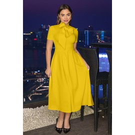 Memoriesea Women's Elegant Casual Short Sleeve Work Party A-Line Dress with Pockets Yelleow Yellow