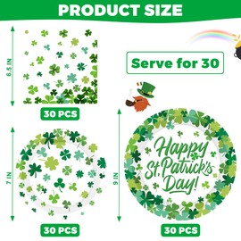 QZYL 90 PCS St Patricks Day Plates and Napkins, Disposable St Patricks Day Decor, 30 Sets Green Paper Plates Dinner Plates Dessert Plates Shamrock Napkins, St Pattys Day Decorations