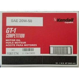 Kendall Titanium 20W50 GT-1 Competition Motor Oil Case of 12 - 1 Quart Bottles