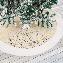 36 Inches Champagne Gold Christmas Tree Skirt, White Faux Fur Plush Trim, Embellished with Golden Branches Pattern, Big Thick Velvet Xmas Tree Mat for Home Decoration, Gold Santa Skirt for Trees