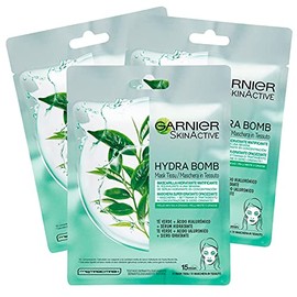 3 x Garnier SkinActive Hydra Bomb Face Mask Made of Moisturising and Mattifying Fabric with Green Tea and Hyaluronic Acid
