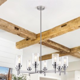 Seilisy 8 Lights Brushed Nickel Chandelier for Dining Room, Farmhouse Modern Contemporary Industrial Ceiling Hanging Pendant Lighting Fixture with Glass Shade for Dinning Kitchen Island Living Room