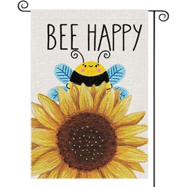 XMRCARRY Bee Happy Summer Garden Flags Sunflower Welcome Double Sided Burlap Flag for Outside, Small Seasonal Banner Yard Holiday Party Outdoor Decoration 12x18 Inch