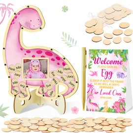 KAMUFU 65pcs Dinosaur Baby Shower Decorations, Baby Shower Guest Book Alternatives Include 1 Pink Dinosaur Guest Book with Photo Frame 60 Egg Wood Slices Baby Sonogram Frame Keepsake for Girl