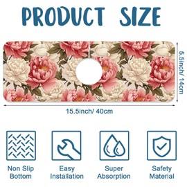 Beautiful Peony Sink Splash Guard Bright Peonies Faucet Absorbing Mat Fast Drying Mat Sink Gadgets Splash Guard Behind Faucet Drip Catcher for Kitchen Bathroom, 15.5"x5.5"