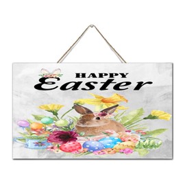 Happy Easter Bunny Rabbit Wooden Plaque Sign Vintage Living Room Wall Art Decorative Wooden Signs Cute Yellow Blue Floral Tulip Wood Sign for Kitchen Bathroom 6x10 Inch