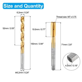 QUARKZMAN Tap and Drill Set, M7 x 0.75 Metric Straight Flute Tap & 6.2 mm Twist Drill, Titanium Coated HSS-6542 Thread Cutting Tool Set