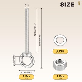 METALLIXITY Shoulder Eye Bolt with Washers & Nuts (M10x120mm) 1Set, 316 Stainless Steel Machinery Lifting Ring Threaded Eye Bolt - for Load Hoisting, Silver