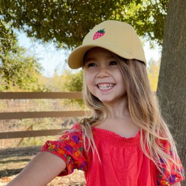 Kids Baseball Hat with Strawberry Patch for Girls Age 2 to 6 Years, Vintage Yellow, Natural Ultra-Soft Cotton, Premium Quality Adjustable Design, for Little Girls -Toddler Size and Up