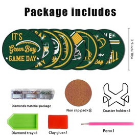 Bartogro 8 Pcs Diamond Painting Coaster Kits, DIY Football Diamond Art Coasters with Holder Sports Diamond Art Crafts Supplies for Green Bay Design