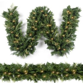 Christmas Garland with 50 Lights 9 Ft, Prelit Xnas Garland with Cypress Leaf, Battery Operated Christmas Decor for Mantle Staircase Indoor and Outdoor (RealLiketips-B)