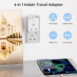 UK to India Plug Adapter 2 Packs, Grounded UK to India Travel Adapter with 3 USB Ports 32W USB C Fast Travel Charger, Travel Adaptor Plug UK to india for India, Pakistan, Sri Lanka, Yemen(Type D)