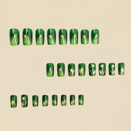 LOPMNGHT Green Press on Nails Medium Square Lightning Pattern Design False Nails Full Cover Glossy Acrylic Nails Green Stick on Nails 24Pcs Artificial Coffin Nails Glue on Nails for Women Nails Art
