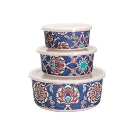 EMANUEL Set of 3 Melamine Food Storage Containers - Reusable Storage Lunch Boxes Plastic Lid - Unique Printed Designs (Armenian Tiles BMB-21F)