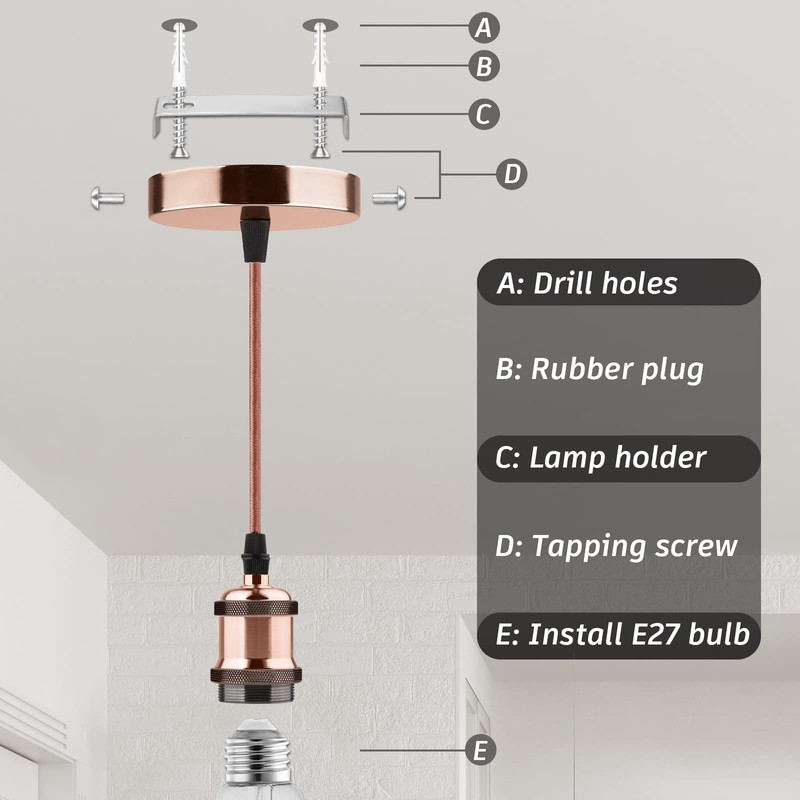 Glirowy Vintage Ceiling Pendant Light Fitting, Braided Flex E27 Lamp
