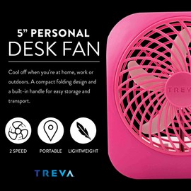 O2COOL Treva 5 Inch Battery Powered Fan Portable Desk Fan 2 Cooling Speeds with Compact Folding & Tilt Design Cubicle Accessories Small Portable (Raspberry)