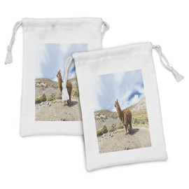 Lunarable Alpaca Fabric Pouch Set of 2, Real Image of Creature in the Dry Drought Setting Deserted Andes Mountains in Peru, Small Drawstring Bag for Toiletries Masks and Favors, 9" x 6", Multicolor