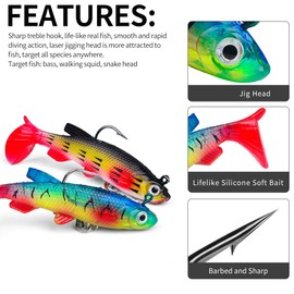 PISERDE 5PCS/Box Soft Bionic Fishing Lures Bass Wobbler with T Tail， Artificial Bait Jig Head Submerged Lures, for Saltwater and Freshwater Fishing 13.5g/0.47oz