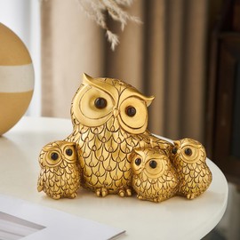 Gold Owl Family Statue Decoration Cute Owl Figure Table Shelf Decor Accents, Modern Bird Sculpture for Home Living Room TV Stand Office Bookshelf (Gold-B)