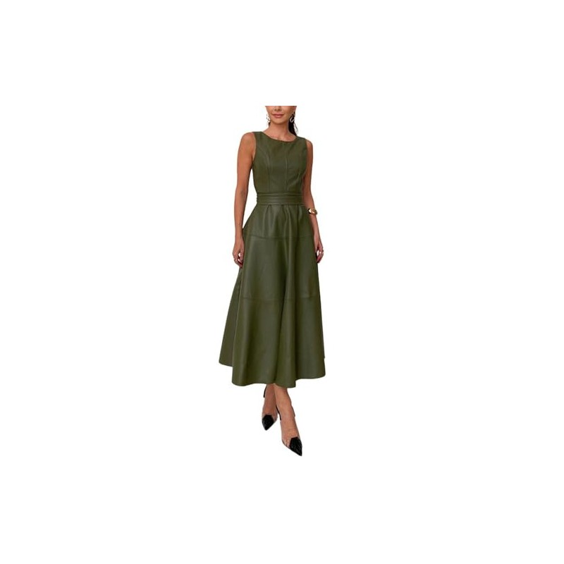 CHARTOU Women PU Faux Leather Sleeveless Elegant Flowy Long Dress