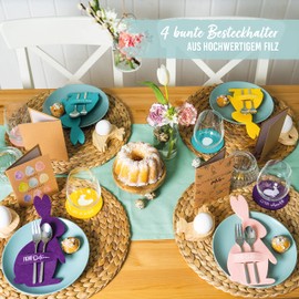 Papierdrachen 4 Felt Cutlery Holders – Easter Decoration – Rabbit Motif – Pastel Colour with High-Quality Printing – Festive Easter Decoration – Set 2