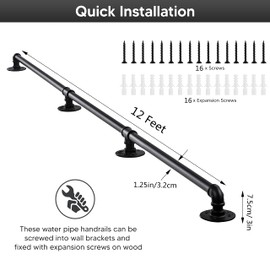 Senmit Stair Handrail for Indoor Stairs - Wall Mount Industrial Iron Pipe - Metal Railing Non-Slip Grab Bar - Stairs Porch Deck Hand Rail Matte Black (12 Feet, Matte Black)