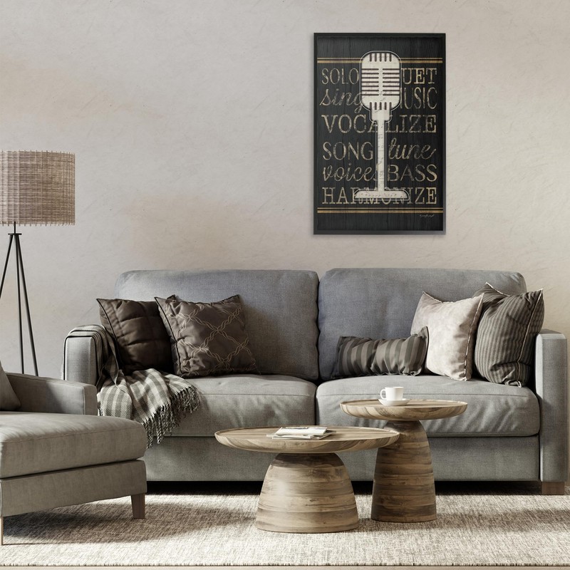 Stupell Industries Microphone Music Motif Black Framed Giclee Art Design