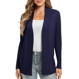 EXCHIC Women's Long Sleeve Knitted Cardigan Lightweight Cosy Open Front Long Casual Jacket with Pockets, navy blue