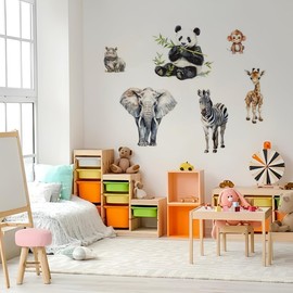AmiCera Animal Wall Stickers Kids, Safari Animals Jungle Wallpaper for Bedrooms Windows Doors Nursery Decoration, Wall Decals for Kids Childrens Baby, Easy to Apply No Residue, Elephant & Lion