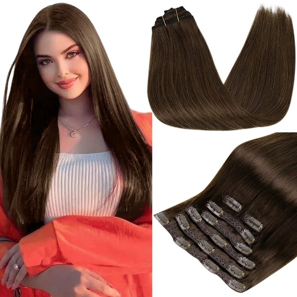 RUNATURE Clip-In Real Hair Extensions, Medium Brown Clip-In Hair Extensions, Real Hair Clip-In Extensions, Short Hair, 30 cm, #4 80 g