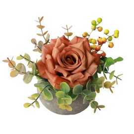 mizii Small Artificial Flowers Potted Plant Fake Flower Realistic Silk Orange Rose and Greenery with Vase for Table Decor Centerpiece Bathroom Office Desk Shelves Room Decorations (R-Orange)