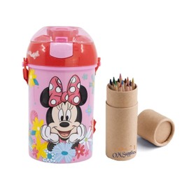 OM SUPPLIES Minnie Pop Up Water Bottle Drink Bottle Flask with Neck Cord for Easy Carry School Lunch Kids Childrens 450ml Includes Half Size 12pcs Pencil Set (Minnie)